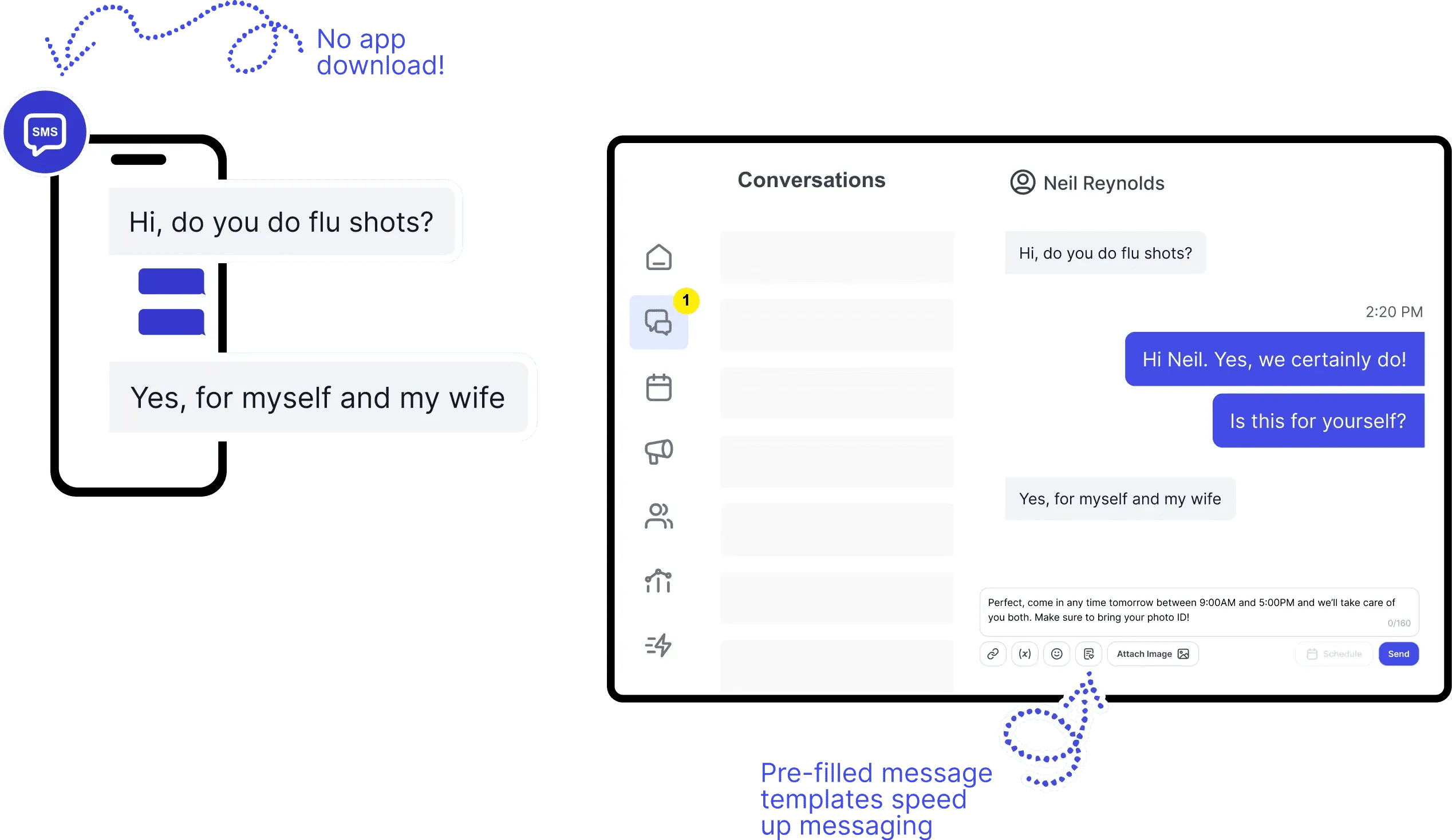 Healthcare professional using TxtSquad SMS interface to schedule flu shot appointment with patient - demonstrating effortless patient engagement through secure texting